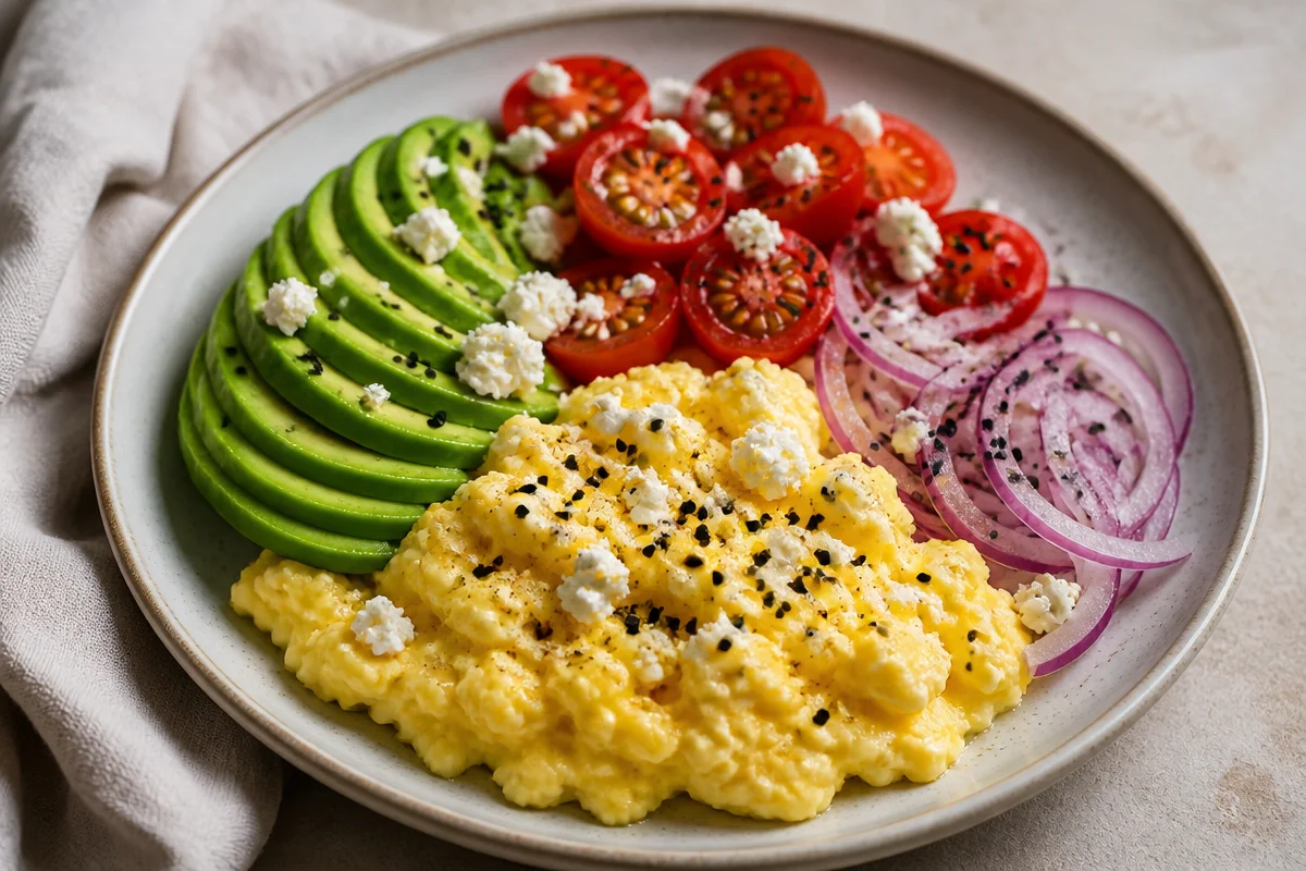 Creamy Avocado Scrambled Eggs Plate