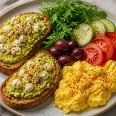 Creamy avocado toast breakfast plate with toppings