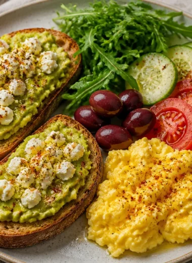 Creamy avocado toast breakfast plate with toppings