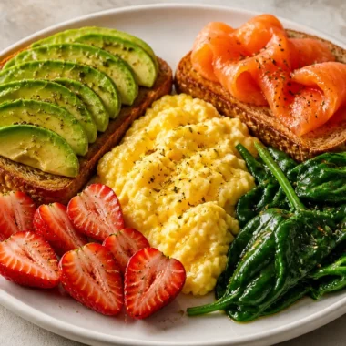 Creamy breakfast power plate with eggs, avocado, and spinach