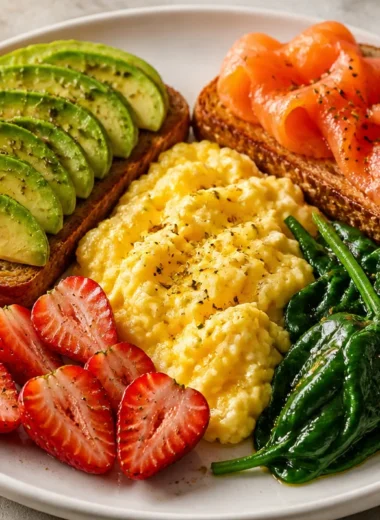 Creamy breakfast power plate with eggs, avocado, and spinach
