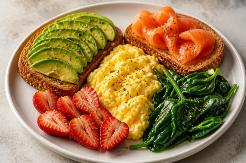 Creamy breakfast power plate with eggs, avocado, and spinach