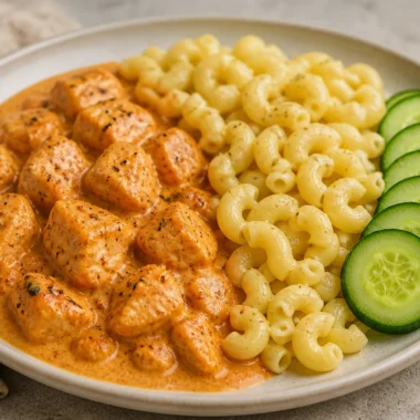 Creamy chicken pasta garnished with cucumber bites for a flavorful dish.