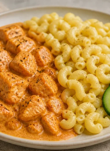 Creamy chicken pasta garnished with cucumber bites for a flavorful dish.