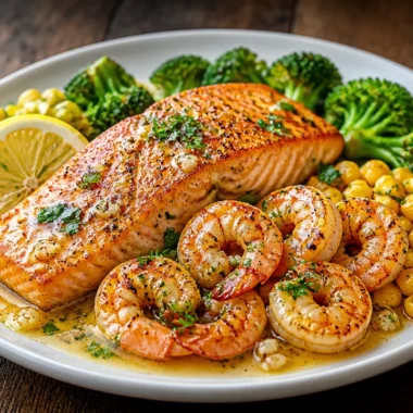 Creamy garlic butter salmon and shrimp plated with herbs and lemon.