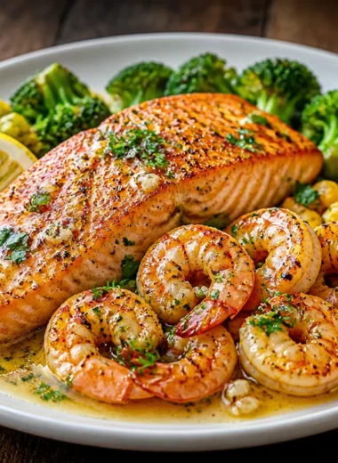 Creamy garlic butter salmon and shrimp plated with herbs and lemon.