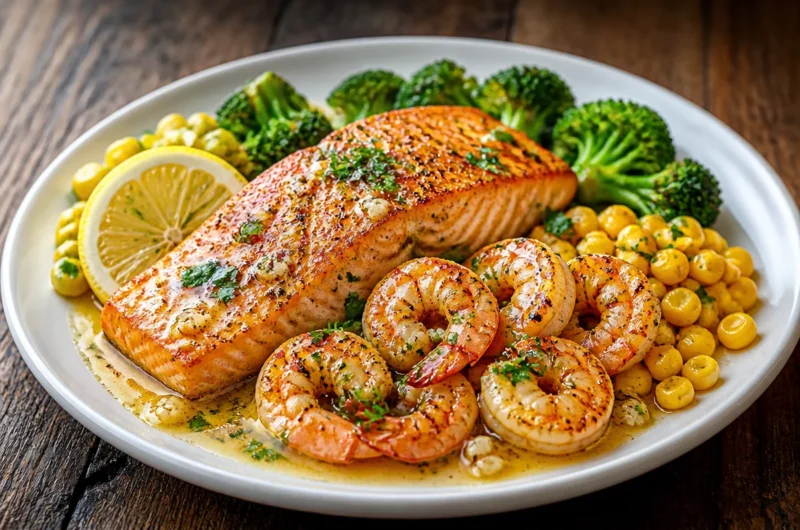 Creamy garlic butter salmon and shrimp plated with herbs and lemon.