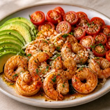 Creamy garlic butter shrimp served on a vibrant avocado plate