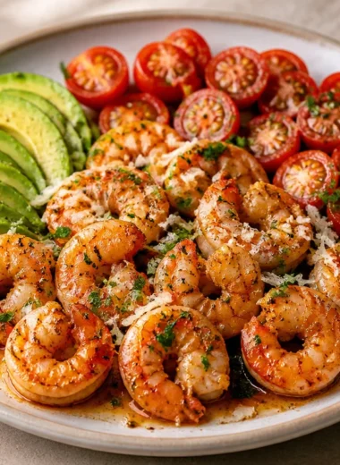 Creamy garlic butter shrimp served on a vibrant avocado plate