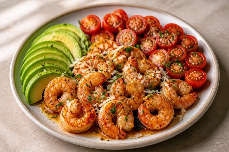 Creamy garlic butter shrimp served on a vibrant avocado plate