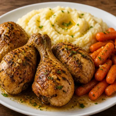 Creamy garlic herb chicken with mashed potatoes on a dinner plate