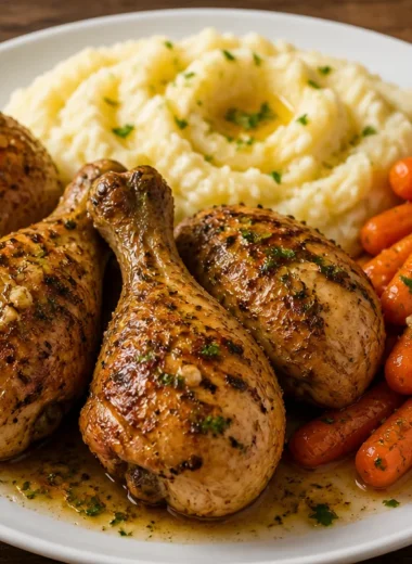 Creamy garlic herb chicken with mashed potatoes on a dinner plate
