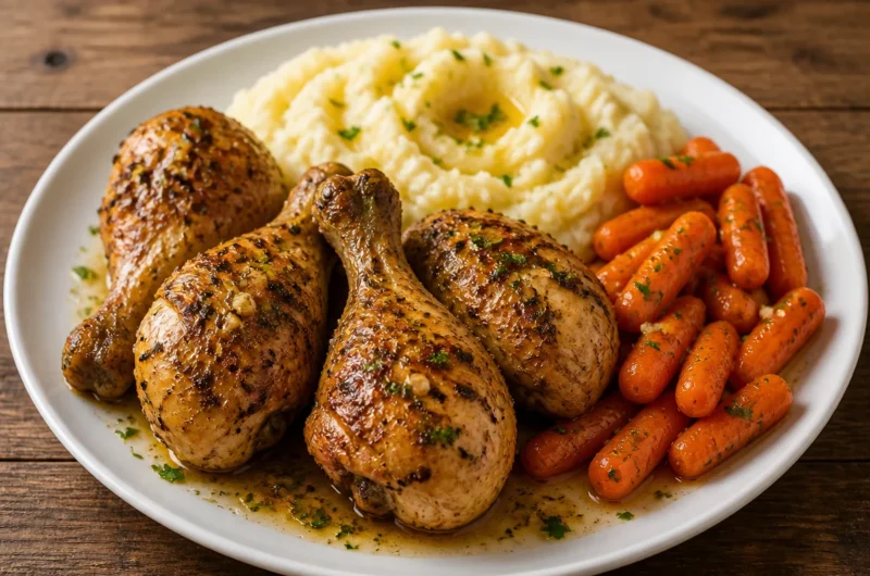 Creamy garlic herb chicken with mashed potatoes on a dinner plate