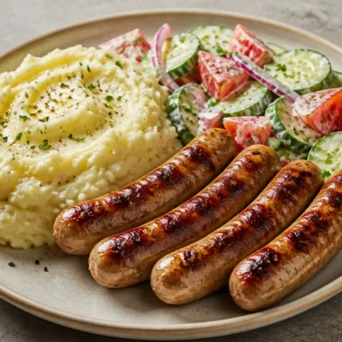 Plate of creamy mash served with grilled sausages and a garden salad