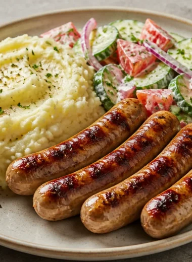 Plate of creamy mash served with grilled sausages and a garden salad