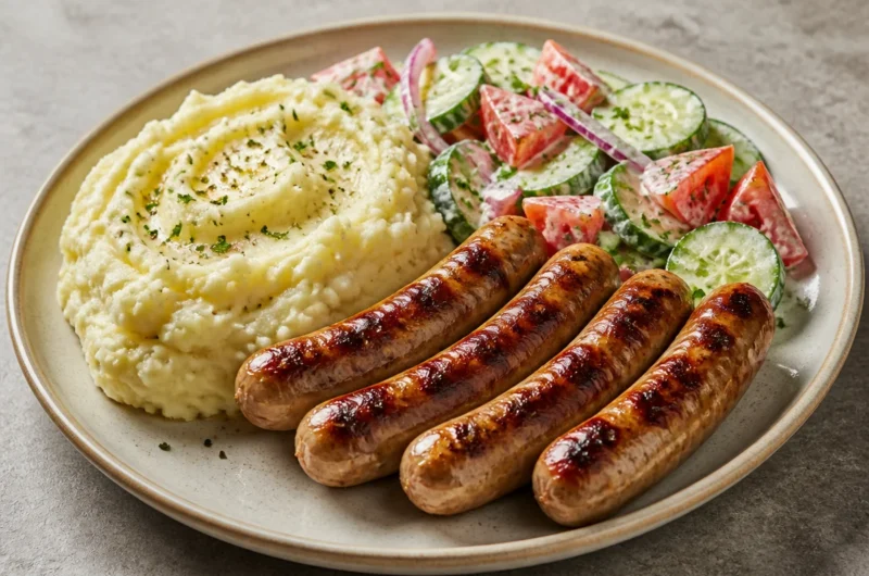 Plate of creamy mash served with grilled sausages and a garden salad