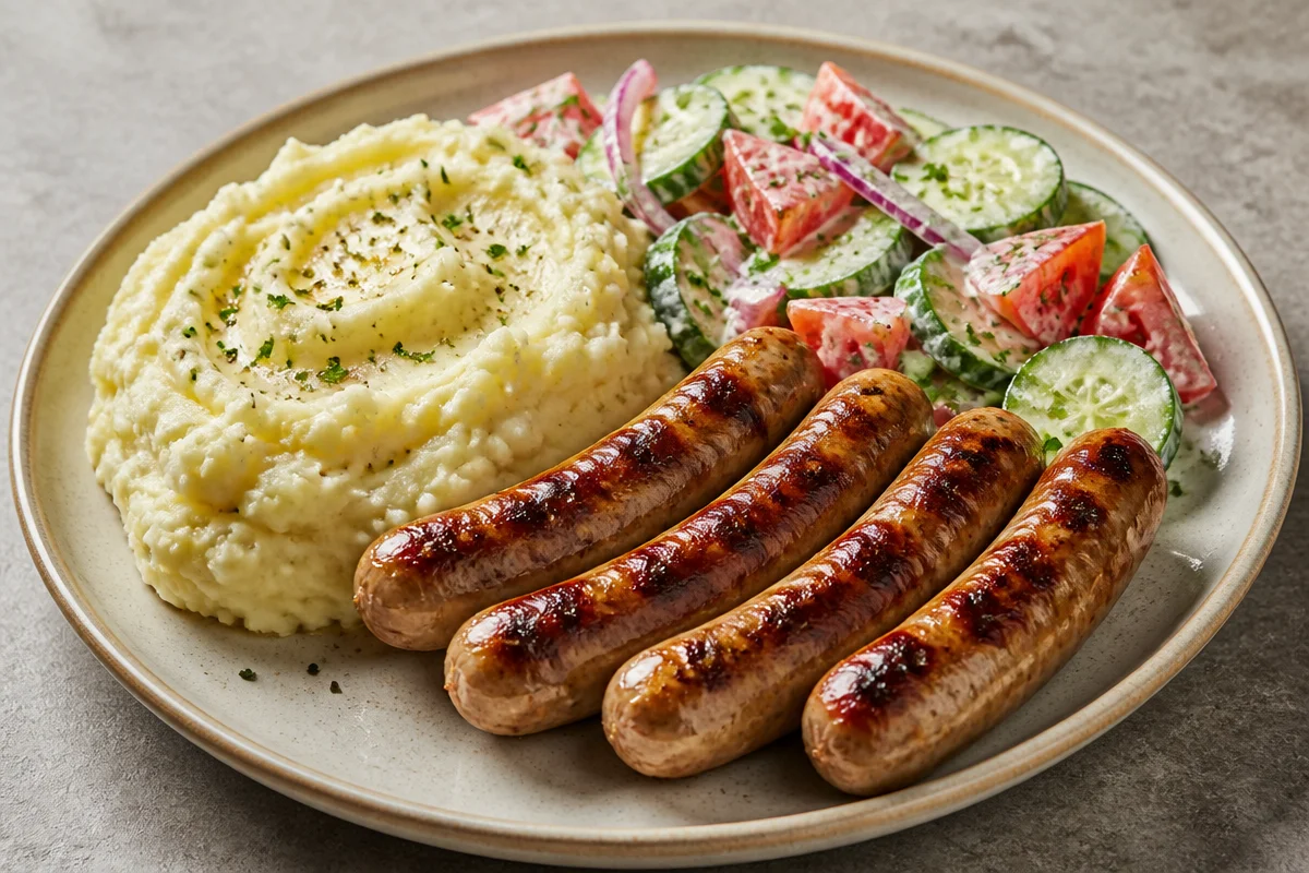 Creamy Mash With Grilled Sausages And Garden Salad