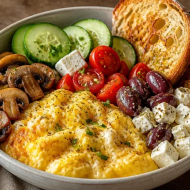 Creamy Mediterranean omelette breakfast bowl with fresh vegetables and herbs