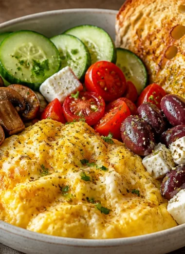 Creamy Mediterranean omelette breakfast bowl with fresh vegetables and herbs
