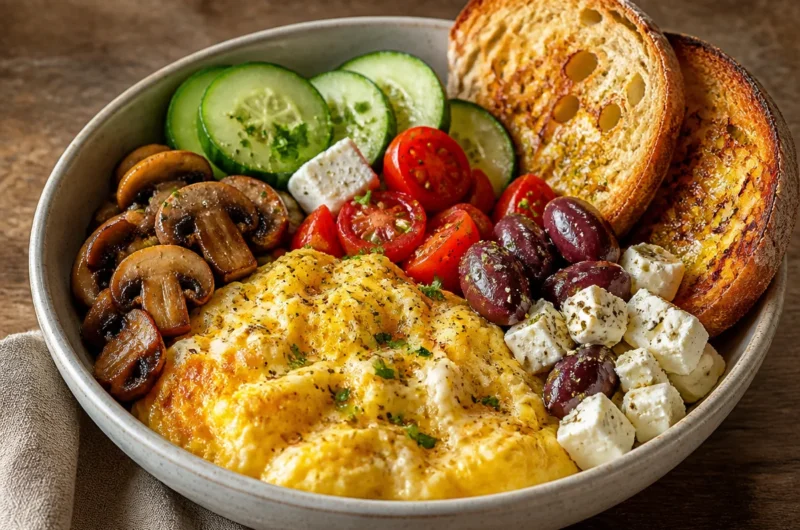 Creamy Mediterranean omelette breakfast bowl with fresh vegetables and herbs