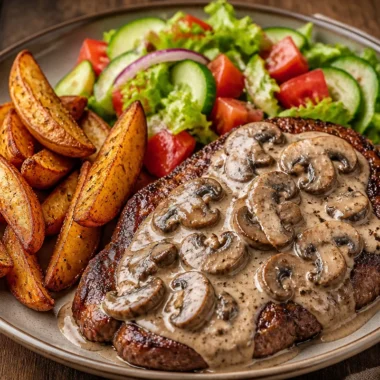 Creamy mushroom steak plate with rich sauce and fresh herbs