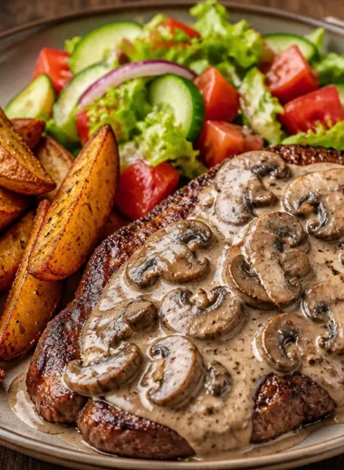Creamy mushroom steak plate with rich sauce and fresh herbs