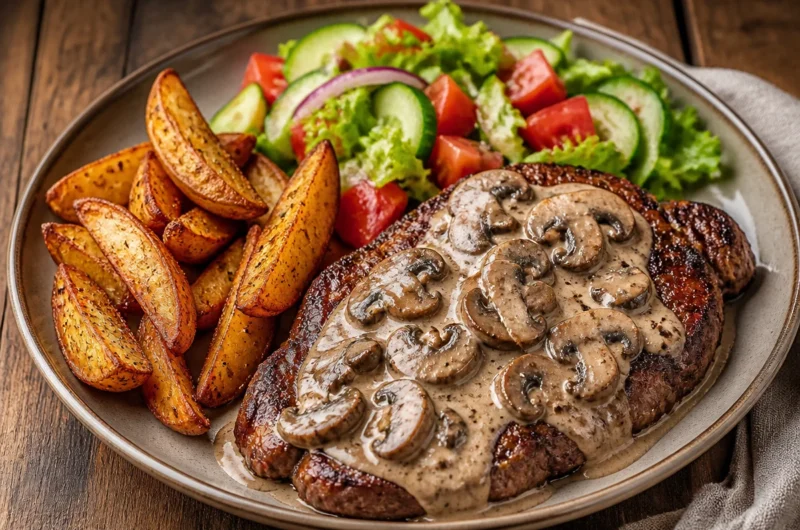 Creamy mushroom steak plate with rich sauce and fresh herbs