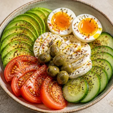 Creamy protein breakfast bowl topped with fruits and nuts