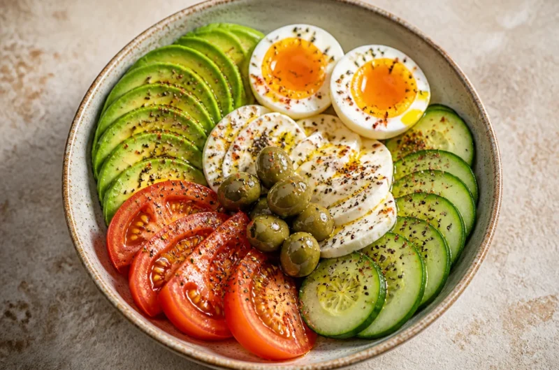 Creamy protein breakfast bowl topped with fruits and nuts