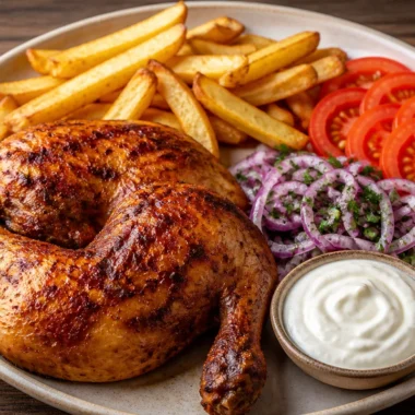 Creamy roast chicken platter served with vegetables and herbs