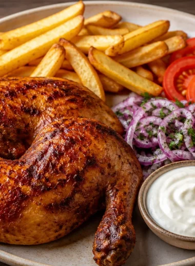 Creamy roast chicken platter served with vegetables and herbs