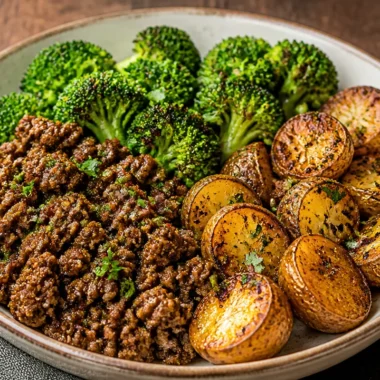 Crispy Beef and Broccoli Potato Bowl served in a dish