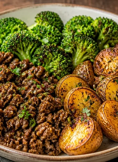 Crispy Beef and Broccoli Potato Bowl served in a dish