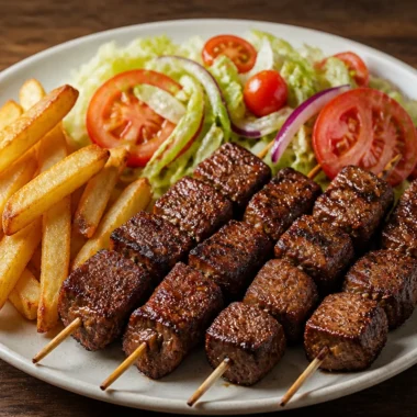 Crispy beef skewers served on a plate with fresh herbs and dipping sauce