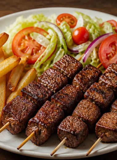 Crispy beef skewers served on a plate with fresh herbs and dipping sauce