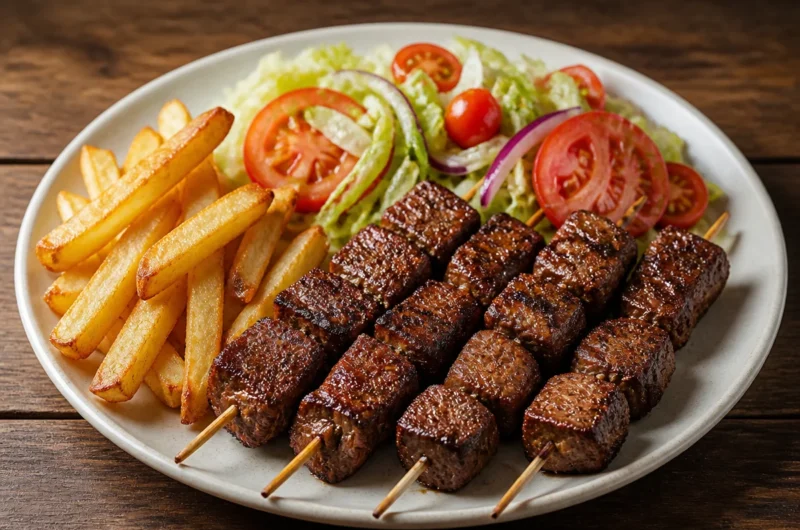 Crispy beef skewers served on a plate with fresh herbs and dipping sauce