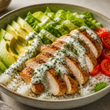Crispy Chicken Avocado Rice Bowl with fresh ingredients and vibrant colors.