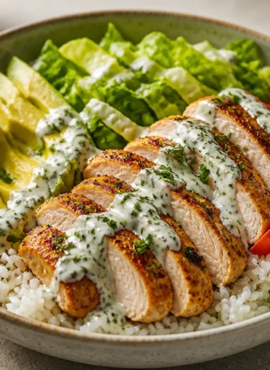 Crispy Chicken Avocado Rice Bowl with fresh ingredients and vibrant colors.