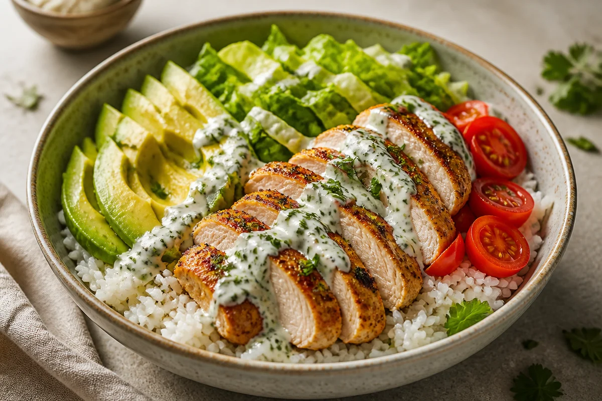 Crispy Chicken Avocado Rice Bowl