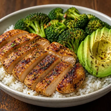 Crispy Chicken Broccoli Rice Bowl with vibrant vegetables and rice