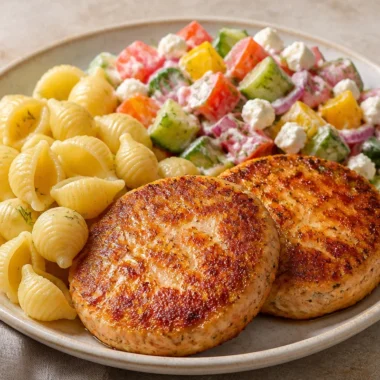 Crispy chicken patties with pasta and garden salad on a plate
