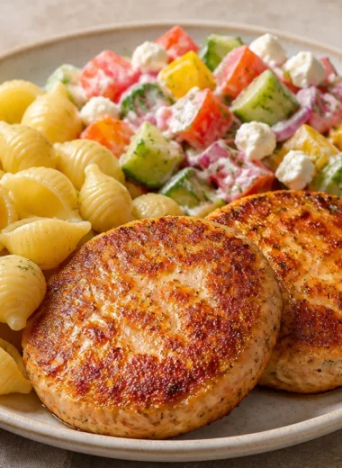 Crispy chicken patties with pasta and garden salad on a plate