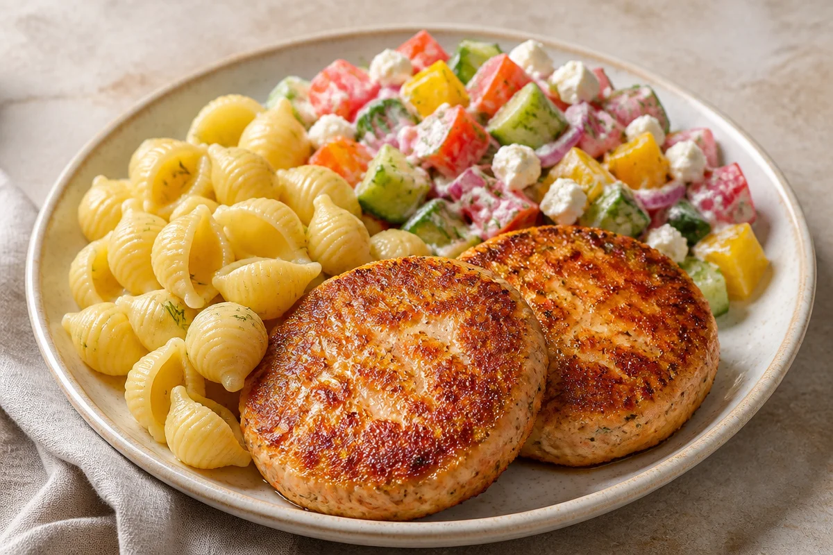 Crispy Chicken Patties With Pasta And Garden Salad