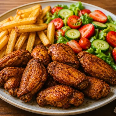 Crispy chicken wings platter with a variety of dipping sauces.