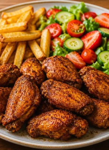 Crispy chicken wings platter with a variety of dipping sauces.