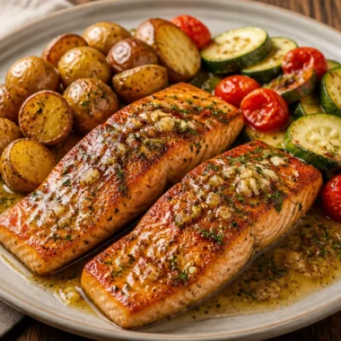 Crispy garlic butter salmon plated with herbs and lemon slices