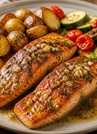 Crispy garlic butter salmon plated with herbs and lemon slices