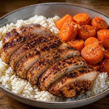 Crispy Garlic Pepper Chicken Rice Bowl garnished with fresh herbs.