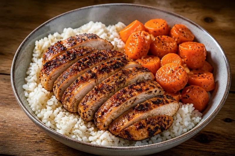 Crispy Garlic Pepper Chicken Rice Bowl garnished with fresh herbs.