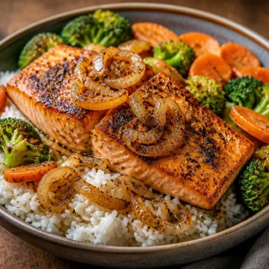 Crispy Garlic Pepper Salmon served in a vibrant rice bowl with vegetables.